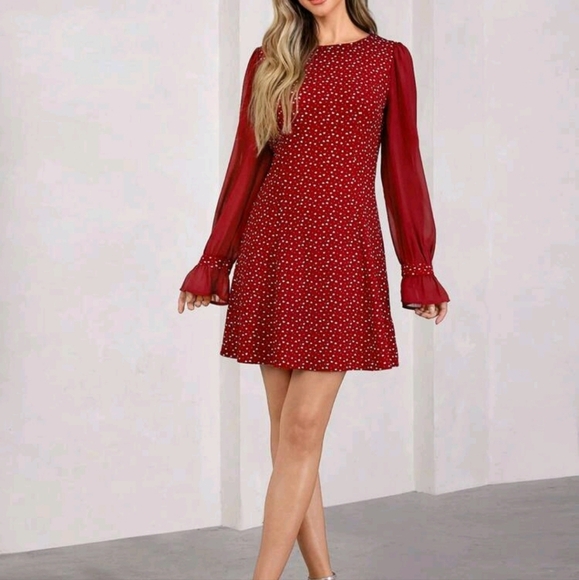 Women's Red Polka Dot Round Neck Long Sleeve Short Dress,Elegant Everyday Wear - Picture 3 of 5